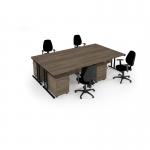 Maestro starter kit for 4 people, comprising of nebraska oak desk, black frame, wooden pedestal and Vantage fabric chair with arms in black MSTR-K-NO