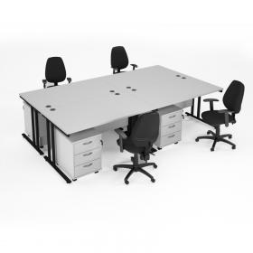 Maestro starter kit for 4 people, comprising of white desk, black frame, wooden pedestal and Vantage fabric chair with arms in black MSTR-K-WH