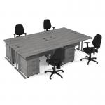 Maestro starter kit for 4 people, comprising of grey oak desk, silver frame, wooden pedestal and Vantage fabric chair with arms in black MSTR-S-GO