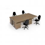 Maestro starter kit for 4 people, comprising of kendal oak desk, silver frame, wooden pedestal and Vantage fabric chair with arms in black MSTR-S-KO