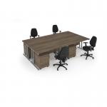 Maestro starter kit for 4 people, comprising of nebraska oak desk, silver frame, wooden pedestal and Vantage fabric chair with arms in black MSTR-S-NO