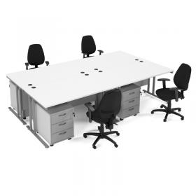 Maestro starter kit for 4 people, comprising of white desk, silver frame, wooden pedestal and Vantage fabric chair with arms in black MSTR-S-WH