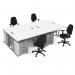 Maestro starter kit for 4 people, comprising of white desk, silver frame, wooden pedestal and Vantage fabric chair with arms in black MSTR-S-WH