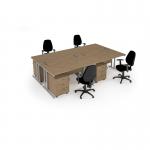 Maestro starter kit for 4 people, comprising of kendal oak desk, white frame, wooden pedestal and Vantage fabric chair with arms in black MSTR-WH-KO