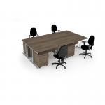 Maestro starter kit for 4 people, comprising of nebraska oak desk, white frame, wooden pedestal and Vantage fabric chair with arms in black MSTR-WH-NO