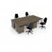 Maestro starter kit for 4 people, comprising of nebraska oak desk, white frame, wooden pedestal and Vantage fabric chair with arms in black MSTR-WH-NO