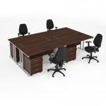 Maestro starter kit for 4 people, comprising of walnut desk, white frame, wooden pedestal and Vantage fabric chair with arms in black MSTR-WH-W