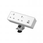 This picture shows a sleek silver and white power module with double sockets for 240v power. It also includes a 30W USB-C and 27W USB-A port. The design is modern and practical for any electronic device needs.