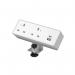 This picture shows a sleek silver and white power module with double sockets for 240v power. It also includes a 30W USB-C and 27W USB-A port. The design is modern and practical for any electronic device needs.
