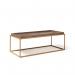 This picture features a sleek Parma rectangular coffee table with a matte gold steel frame and a stunning Venus top. The elegant design adds a touch of sophistication to any living room. The combination of materials gives a modern and luxurious feel to this coffee table.
