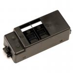The image shows a black under desk power bar with two RJ45 sockets. It features Dams Switched Extension Leads and Surge Protection Extensions, providing multiple outlets for electronic devices. The compact design allows for easy installation and efficient use of space.