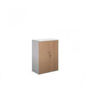 Duo double door cupboard 1090mm high with 2 shelves - white with beech doors R1090DD-WHB