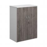 Duo double door cupboard 1090mm high with 2 shelves - white with grey oak doors R1090DD-WHGO