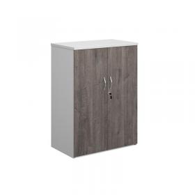 Duo double door cupboard 1090mm high with 2 shelves - white with grey oak doors R1090DD-WHGO