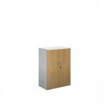 Duo double door cupboard 1090mm high with 2 shelves - white with oak doors R1090DD-WHO