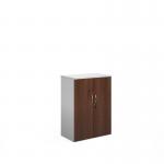Duo double door cupboard 1090mm high with 2 shelves - white with walnut doors R1090DD-WHW