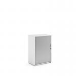 Universal single door tambour cupboard 1090mm high with 2 shelves - Kendal Oak with silver door R1090TCKO
