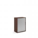 Universal single door tambour cupboard 1090mm high with 2 shelves - Walnut with silver door R1090TCW