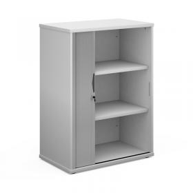 Universal single door tambour cupboard 1090mm high with 2 shelves - white with silver door R1090TCWH