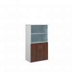 Universal combination unit with glass upper doors 1440mm high with 3 shelves - white with walnut lower doors