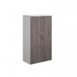 Duo double door cupboard 1440mm high with 3 shelves - white with grey oak doors R1440DD-WHGO
