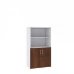 Universal combination unit with open top 1440mm high with 3 shelves - white with walnut lower doors