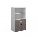 Duo combination unit with open top 1440mm high with 3 shelves - white with grey oak lower doors