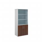 Universal combination unit with glass upper doors 1790mm high with 4 shelves - white with walnut lower doors