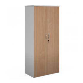 Duo double door cupboard 1790mm high with 4 shelves - white with beech doors R1790DD-WHB