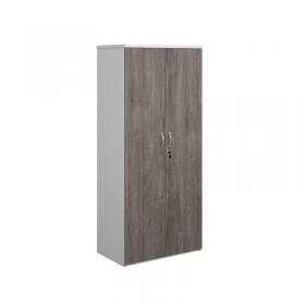 Duo double door cupboard 1790mm high with 4 shelves - white with grey oak doors R1790DD-WHGO