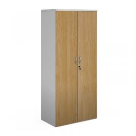 Duo double door cupboard 1790mm high with 4 shelves - white with oak doors R1790DD-WHO