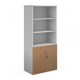 Duo combination unit with open top 1790mm high with 4 shelves - white with beech lower doors R1790OPD-WHB