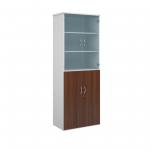 Universal combination unit with glass upper doors 2140mm high with 5 shelves - white with walnut lower doors