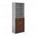 There is a Dams Cupboards Duo combination unit with glass upper doors, measuring 2140mm high. It has 5 shelves and is white with walnut lower doors. The two-tone color scheme adds a sleek touch to this functional and spacious unit.