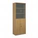 This image shows a 2140mm high combination unit from dams Cupboards with glass upper doors. It features five shelves and is made of oak. The sleek design and spacious storage make it a versatile addition to any room.