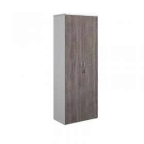 Duo double door cupboard 2140mm high with 5 shelves - white with grey oak doors R2140DD-WHGO
