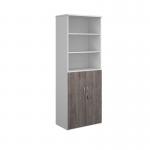 Duo combination unit with open top 2140mm high with 5 shelves - white with grey oak lower doors