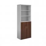 Duo combination unit with open top 2140mm high with 5 shelves - white with walnut lower doors