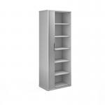Universal single door tambour cupboard 2140mm high with 5 shelves - white with silver door R2140TCWH