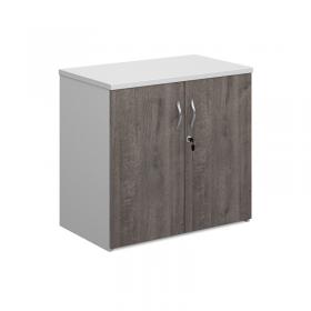 Duo double door cupboard 740mm high with 1 shelf - white with grey oak doors R740DD-WHGO