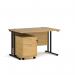 This desk features a sleek black cantilever frame and a 2-drawer pedestal. Its oak finish adds warmth, making it perfect for any office space.