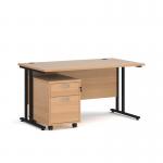 Maestro 25 straight desk 1400mm x 800mm with black cantilever frame and 2 drawer pedestal - beech