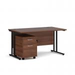 Maestro 25 straight desk 1400mm x 800mm with black cantilever frame and 2 drawer pedestal - walnut SBK214W