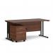 The photograph features a sleek Dams Pedestal Desk Maestro, measuring 1600mm x 800mm and supported by a black cantilever frame. The beautiful walnut finish adds warmth to the modern design, while the accompanying 2 drawer pedestal provides convenient storage.