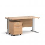 Maestro 25 straight desk 1400mm x 800mm with silver cantilever frame and 2 drawer pedestal - beech