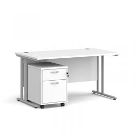 Maestro 25 straight desk 1400mm x 800mm with silver cantilever frame and 2 drawer pedestal - white SBS214WH