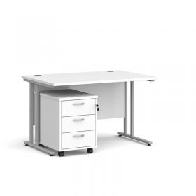 Maestro 25 straight desk 1200mm x 800mm with silver cantilever frame and 3 drawer pedestal - white SBS312WH