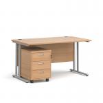 Maestro 25 straight desk 1400mm x 800mm with silver cantilever frame and 3 drawer pedestal - beech