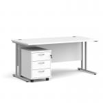 Maestro 25 straight desk 1600mm x 800mm with silver cantilever frame and 3 drawer pedestal - white