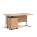 The Dams Pedestal Desk Maestro 25 straight desk has a sleek white cantilever frame and a customizable 2 drawer pedestal, perfect for organizing your workspace. The 1400mm x 800mm beech desk offers plenty of surface area for your tasks, making it a functional and stylish addition to any office.